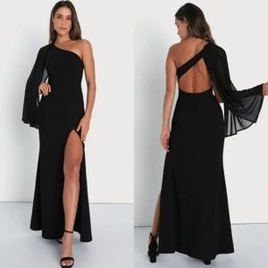 Lulus Majestic Attitude Black Cape Sleeve One-Shoulder Maxi Dress Wedding Party